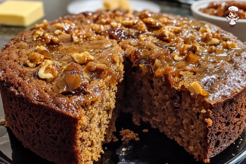 Moist and naturally sweet date cake topped with date syrup and walnuts.