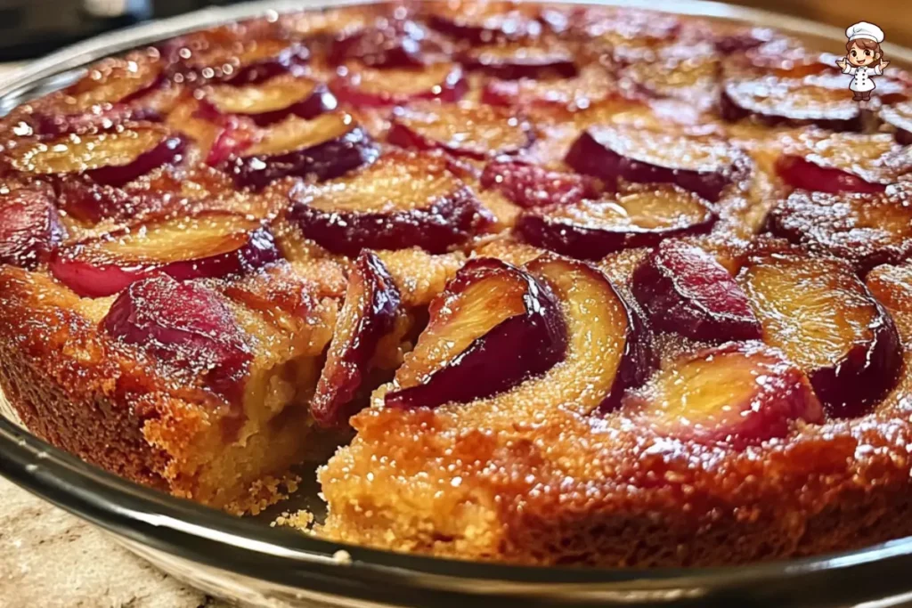 Moist Italian Plum Cake with a cinnamon-sugar topping, served on a white plate with fresh plums in the background.