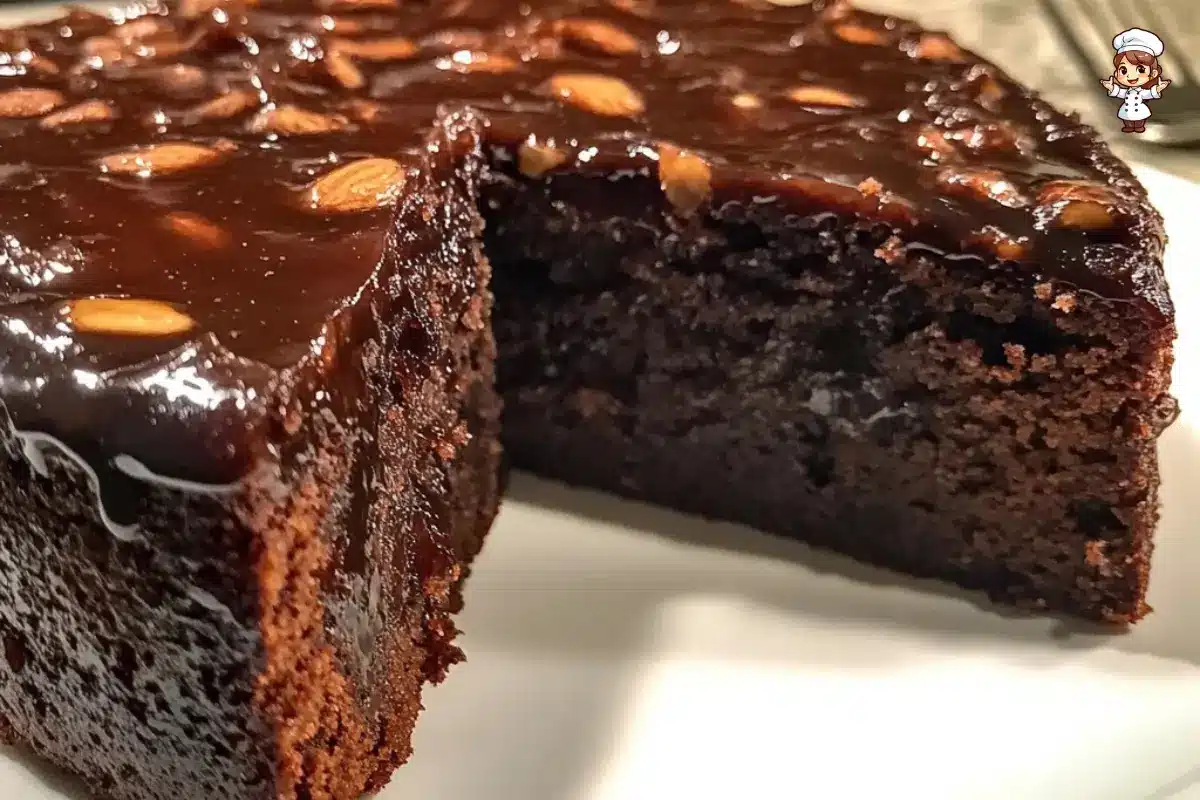 Flourless Almond Date Cake topped with glaze and sliced almonds on a white plate