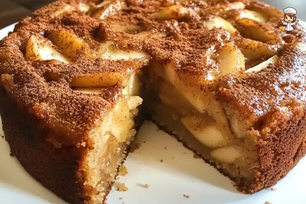 A freshly baked apple cake with cinnamon and nutmeg, perfect for fall desserts.
