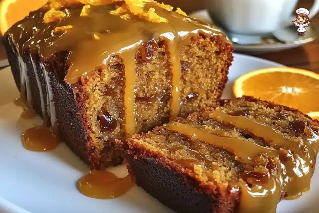 Date and Orange Loaf Cake with orange glaze, showing the perfect texture and a citrusy finish.