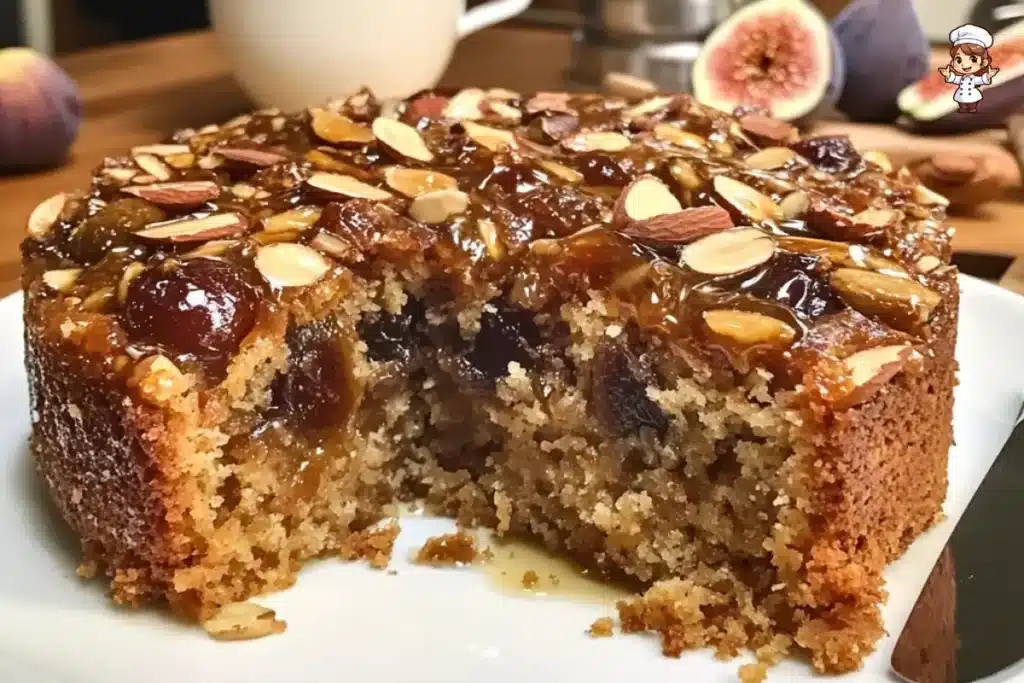 A beautifully plated slice of Fig, Almond, and Date Cake, drizzled with honey citrus syrup, topped with sliced almonds, and served on a rustic wooden table.