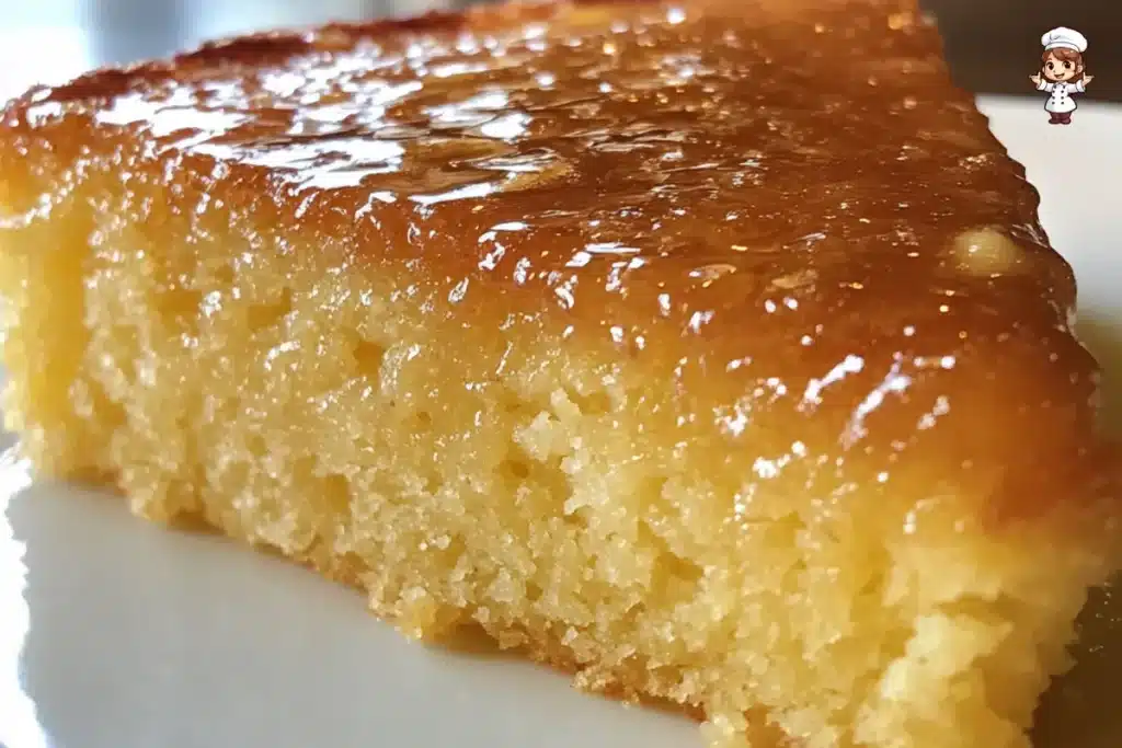 Moist Greek Almond Cake (Amygdalopita) topped with slivered almonds and drizzled with honey syrup, served on a ceramic plate.