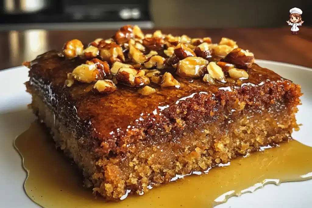 Greek Walnut Cake (Karydopita) with syrup and chopped walnuts.