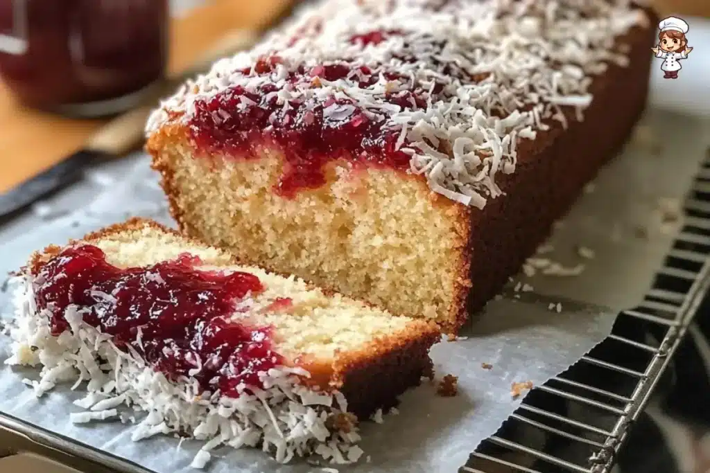 A golden loaf cake topped with raspberry jam and sprinkled with desiccated coconut