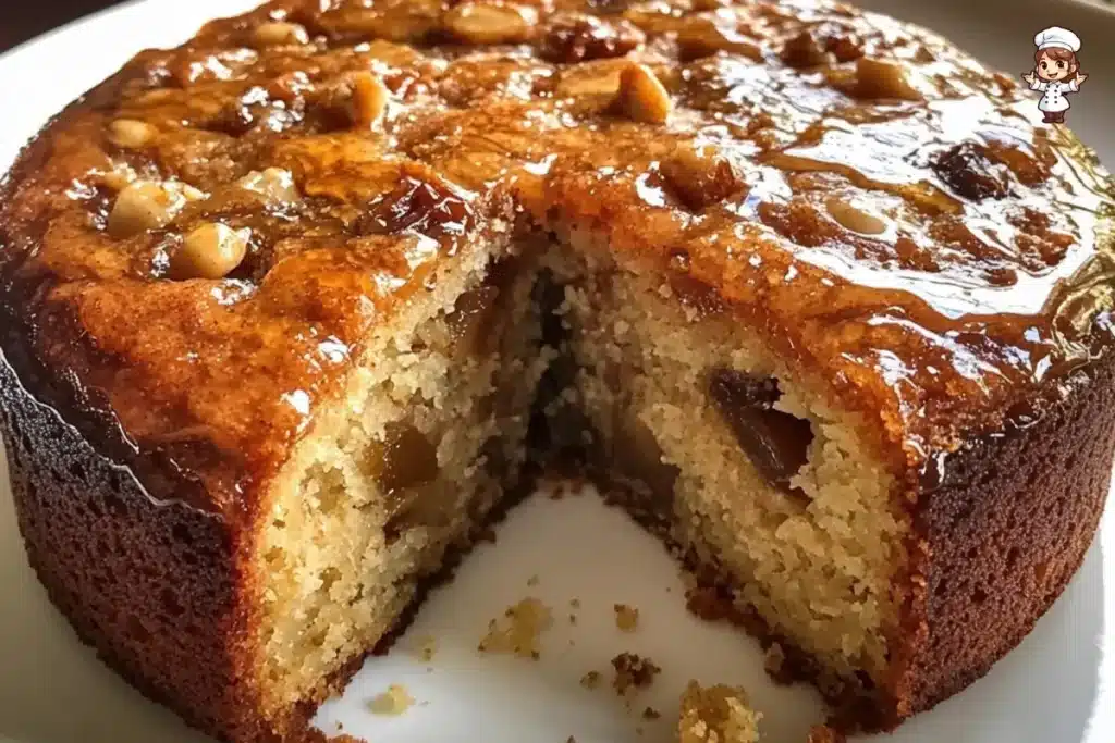 Moist Persian Date Cake topped with chopped walnuts and a honey glaze on a rustic wooden table