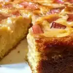 A freshly baked Rhubarb Custard Cake with a golden crust, topped with a dusting of powdered sugar and a slice of fresh rhubarb for garnish.