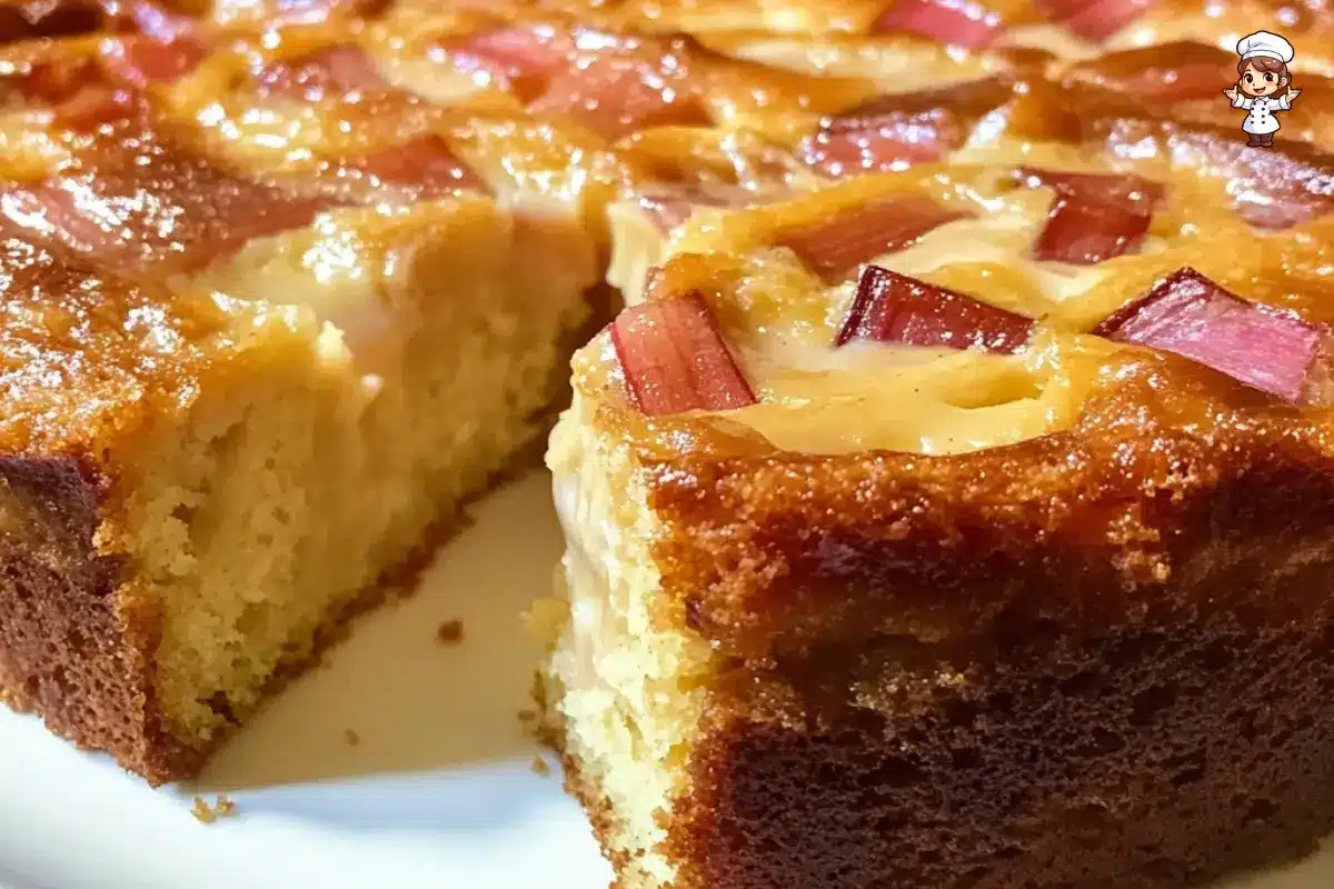 A freshly baked Rhubarb Custard Cake with a golden crust, topped with a dusting of powdered sugar and a slice of fresh rhubarb for garnish.