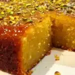 Saffron Pistachio Basbousa - A Middle Eastern semolina cake soaked in saffron syrup and topped with pistachios.