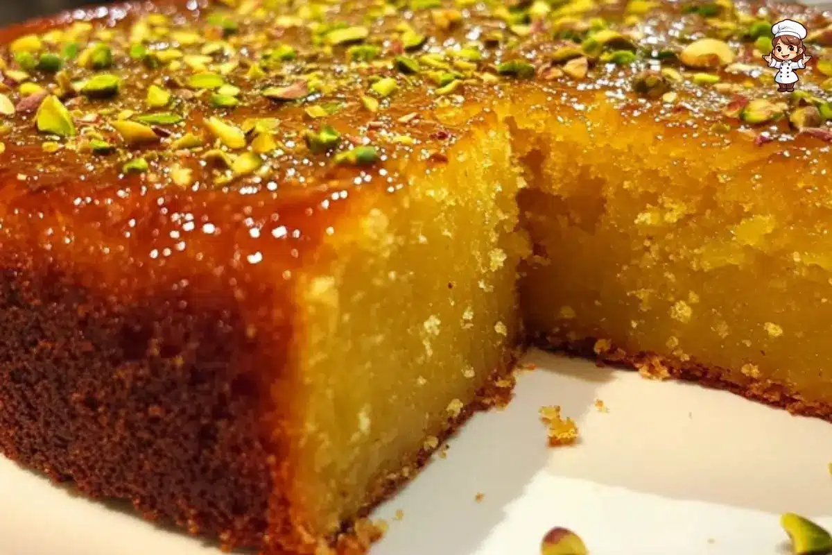 Saffron Pistachio Basbousa - A Middle Eastern semolina cake soaked in saffron syrup and topped with pistachios.