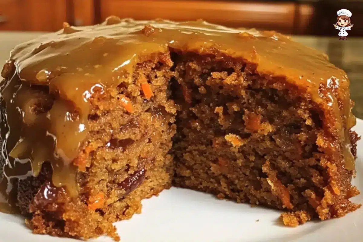 Moist carrot and dates cake topped with vanilla glaze on a rustic wooden surface.