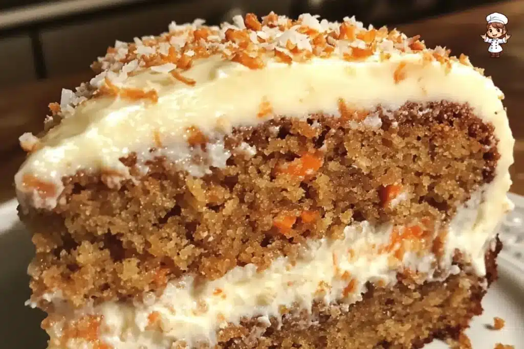 Delicious homemade carrot cake with cream cheese frosting and chopped walnuts on top.