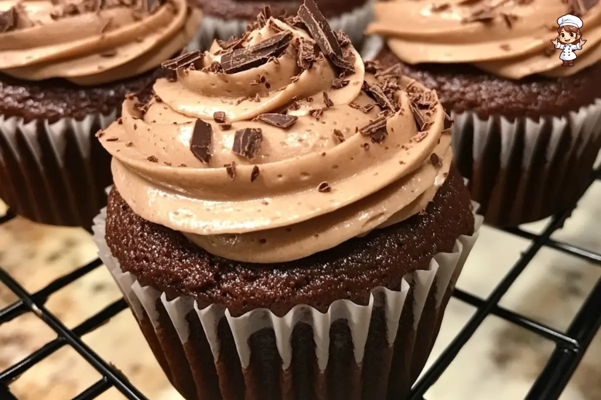 Moist chocolate cupcakes topped with rich chocolate buttercream and chocolate sprinkles.