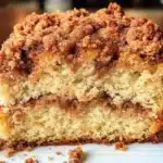Classic coffee cake with cinnamon streusel topping, showing a soft crumb and rustic finish.