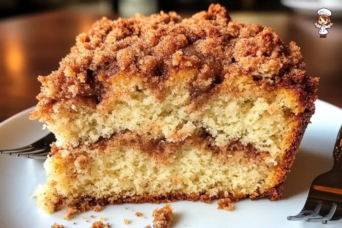 Classic coffee cake with cinnamon streusel topping, showing a soft crumb and rustic finish.
