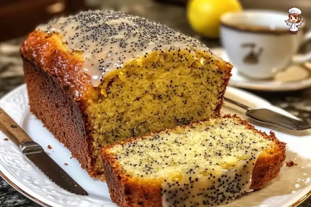 Moist and zesty lemon poppy seed loaf topped with a lemon glaze
