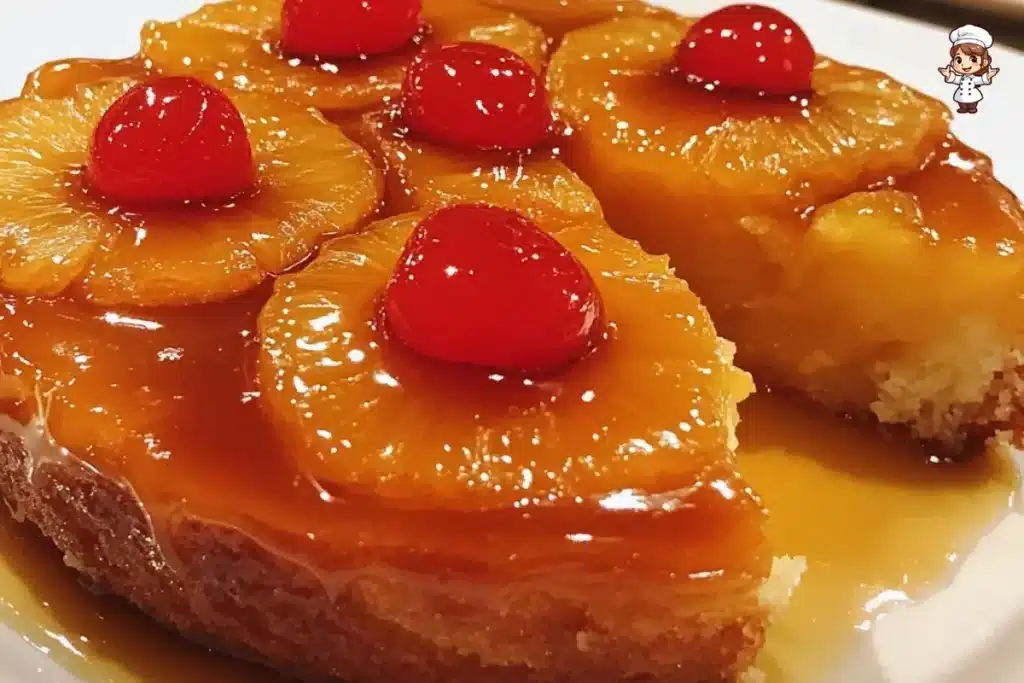 Moist pineapple upside down cake recipe topped with caramelized pineapple and cherries