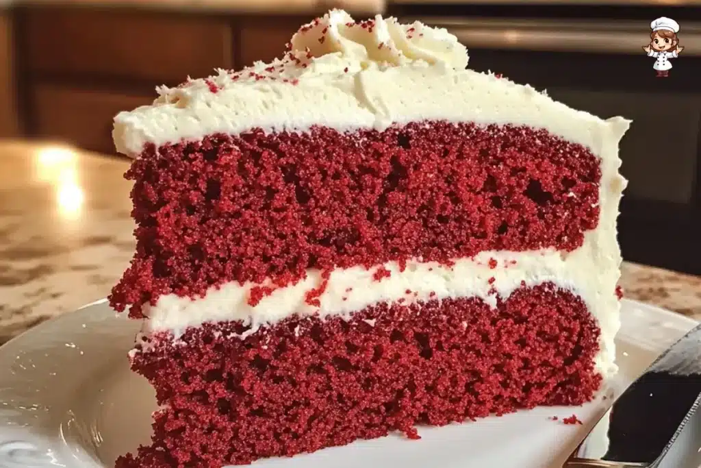 Moist homemade red velvet cake with cream cheese frosting