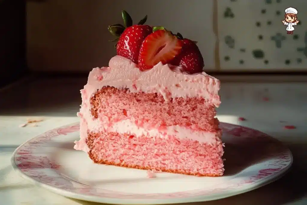 Homemade strawberry cake with strawberry frosting.