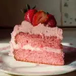 Homemade strawberry cake with strawberry frosting.