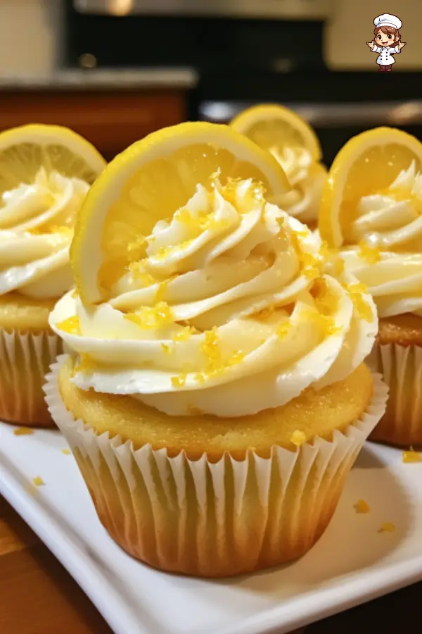 Lemon cupcakes with creamy vanilla buttercream and fresh lemon slices.