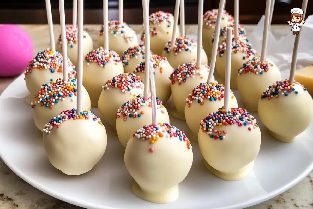 Homemade cake pop recipe dipped in white chocolate and decorated with colorful sprinkles.