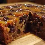 A moist fruit cake topped with walnuts and brushed with orange glaze