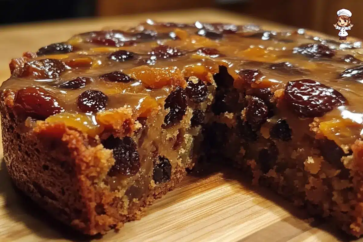A moist fruit cake topped with walnuts and brushed with orange glaze