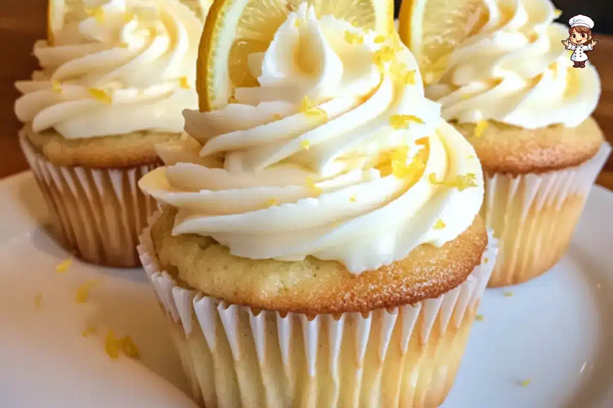 Lemon cupcakes with creamy vanilla buttercream and fresh lemon slices.