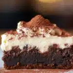 A close-up of a plate of tiramisu brownies with a creamy mascarpone layer on top, dusted with cocoa powder, and served with a coffee cup on the side.