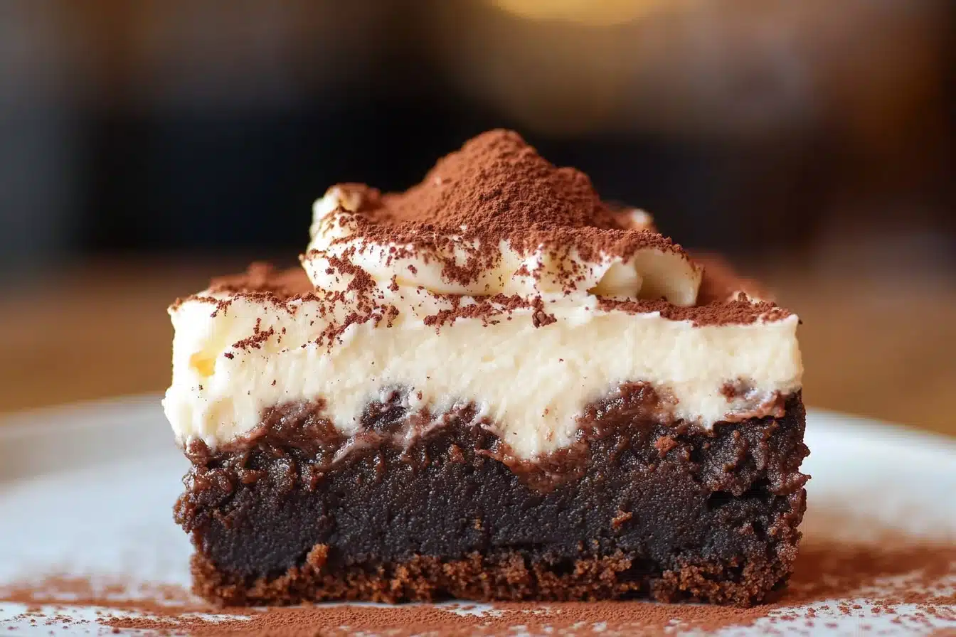 A close-up of a plate of tiramisu brownies with a creamy mascarpone layer on top, dusted with cocoa powder, and served with a coffee cup on the side.