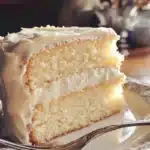 Fluffy vanilla cake with creamy vanilla buttercream frosting on a white cake stand