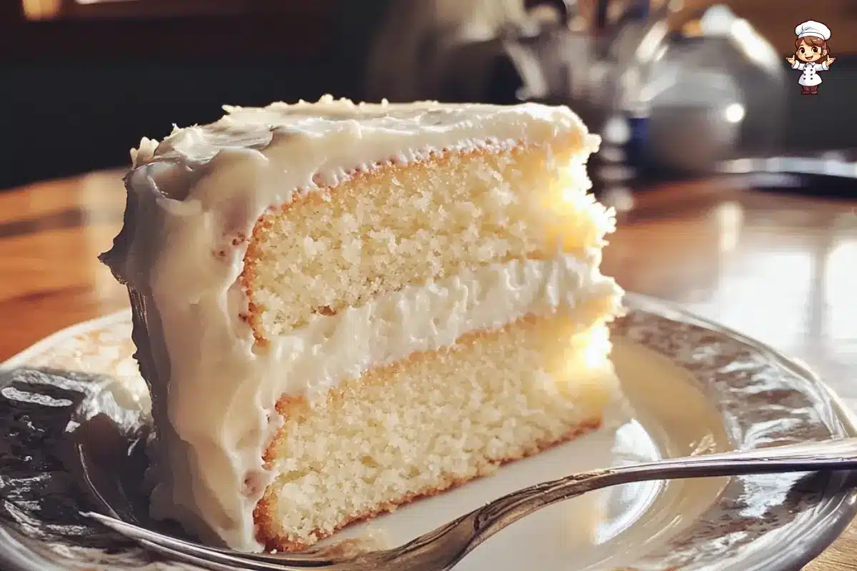 Fluffy vanilla cake with creamy vanilla buttercream frosting on a white cake stand