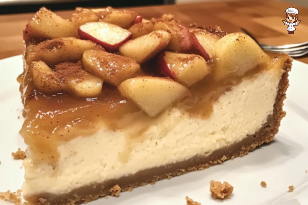 Slice of delicious homemade Apple Cheesecake topped with caramel and cinnamon