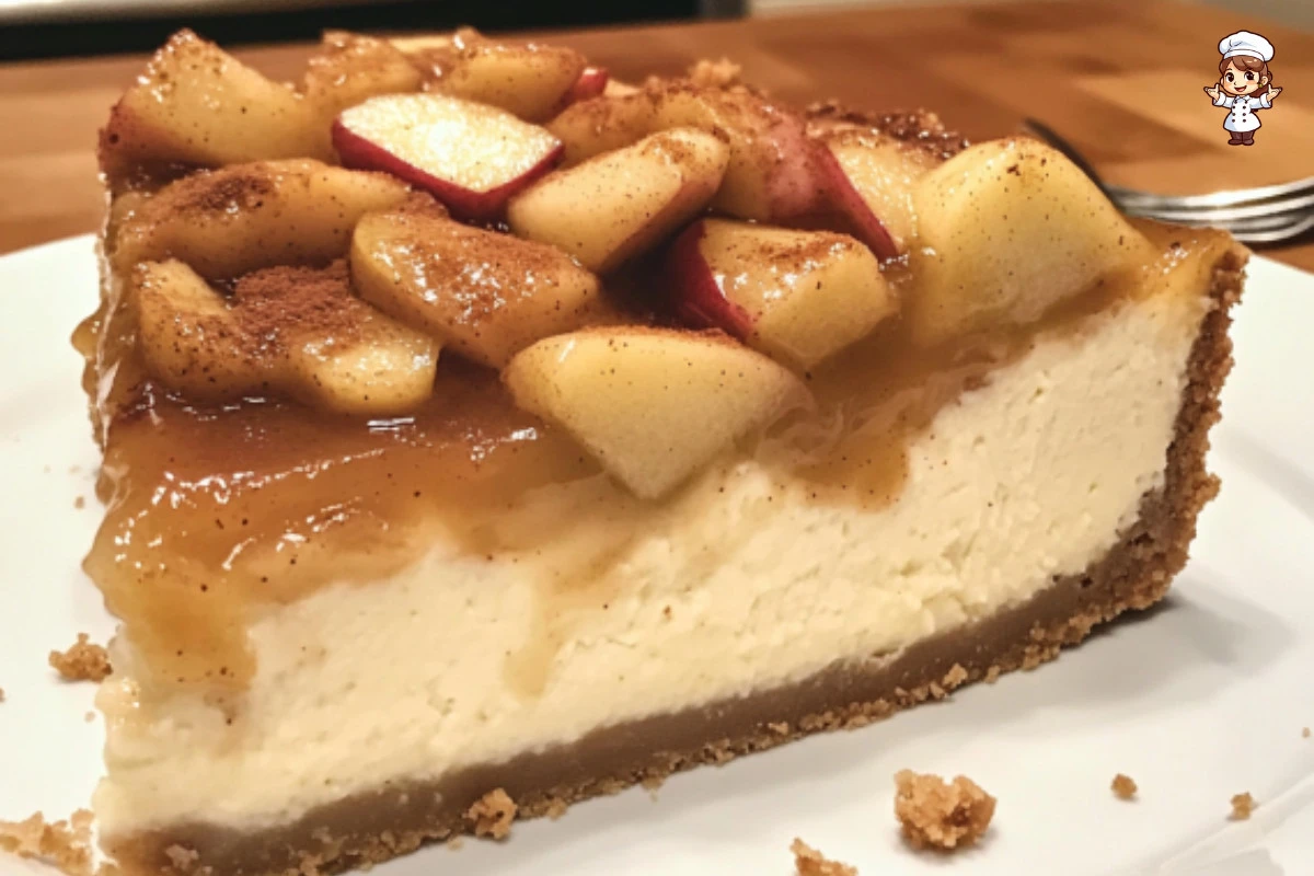 Slice of delicious homemade Apple Cheesecake topped with caramel and cinnamon