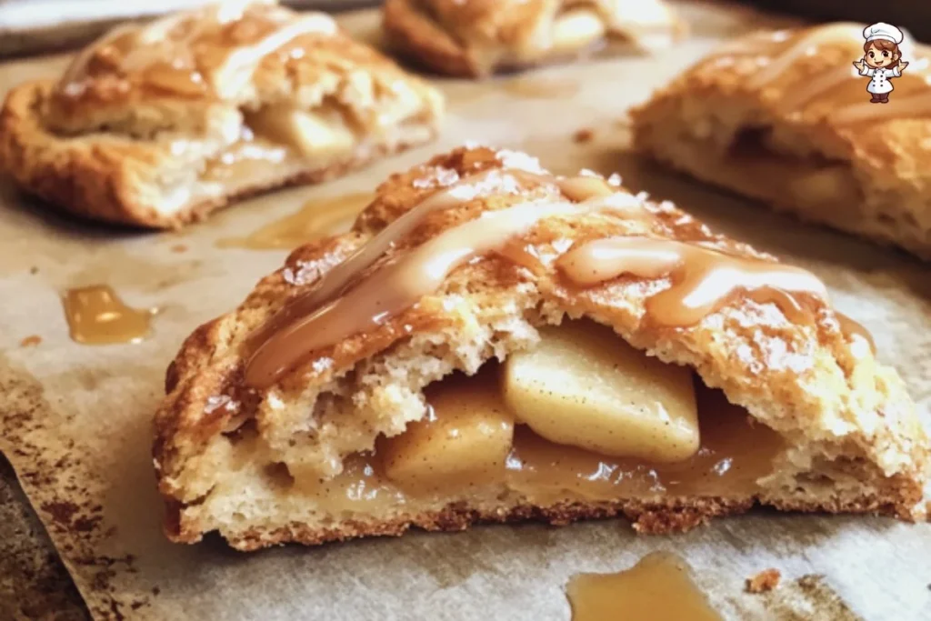Delicious Apple Cinnamon Scones topped with caramel drizzle on a wooden board.
