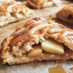 Delicious Apple Cinnamon Scones topped with caramel drizzle on a wooden board.