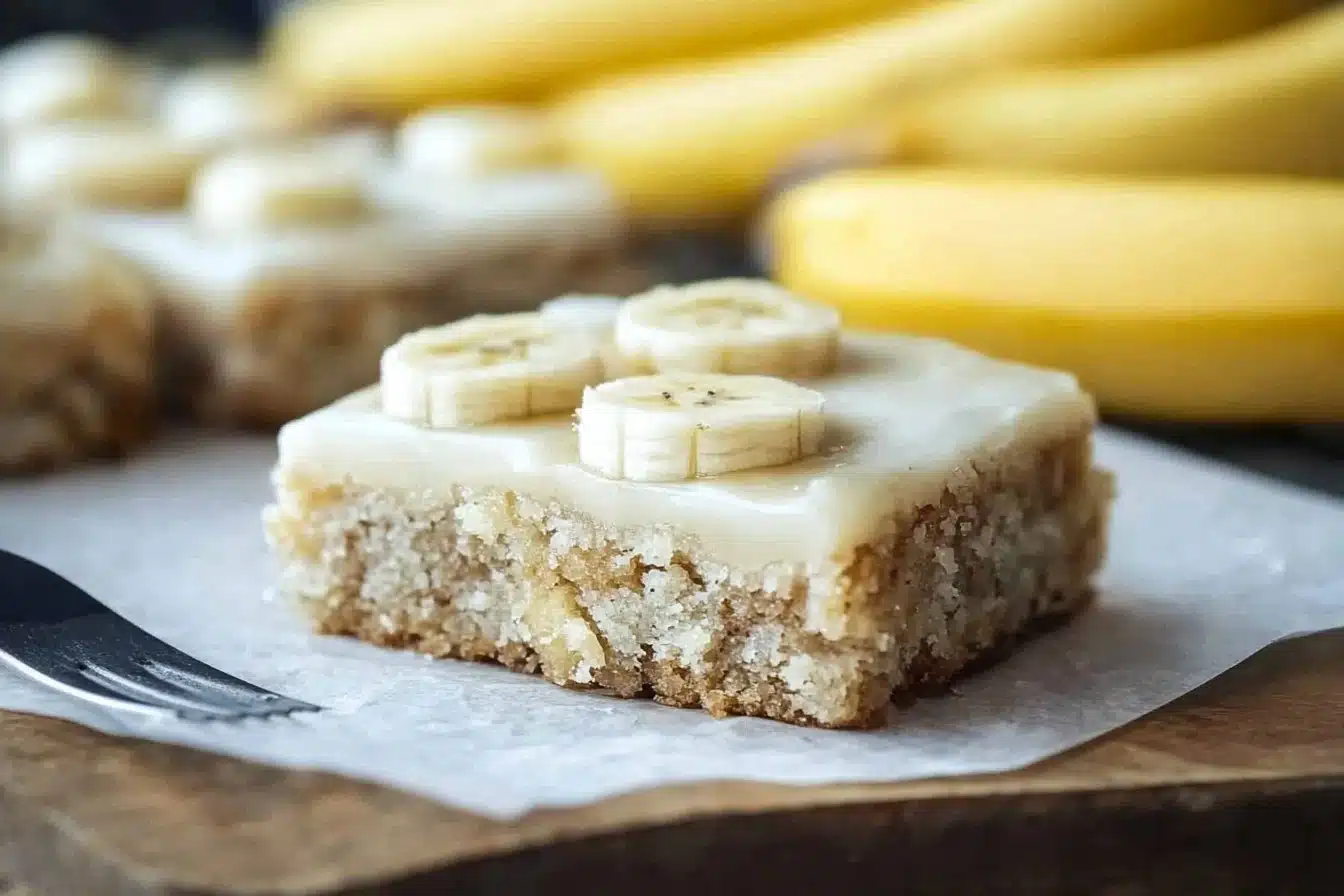 Homemade banana bars topped with nuts and chocolate in a baking dish