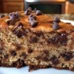 Deliciously moist Banana Chocolate Chip Cake topped with chocolate chips.
