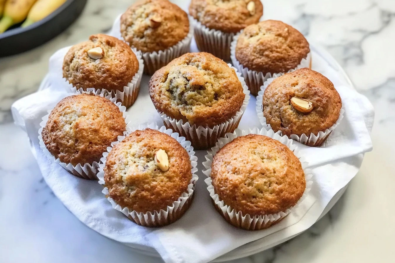 Delicious homemade Banana Nut Muffins on a wooden table