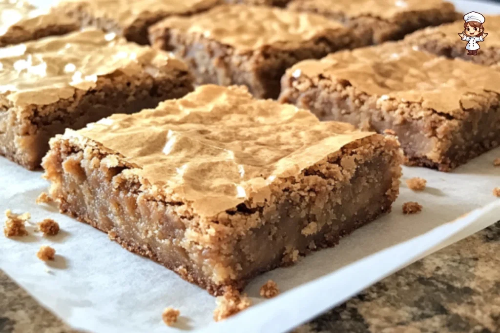 Delicious blonde brownies served on a plate with a drizzle of caramel.