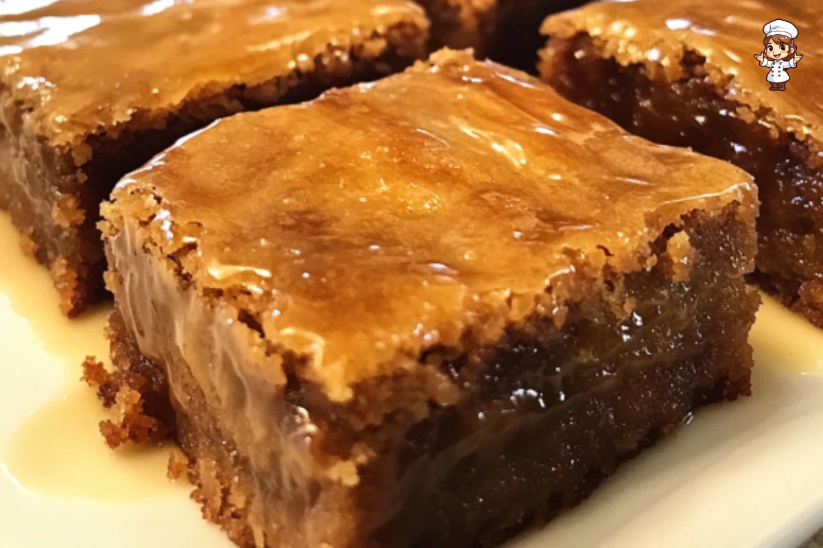 Delicious blondies topped with sweet maple glaze on a white plate