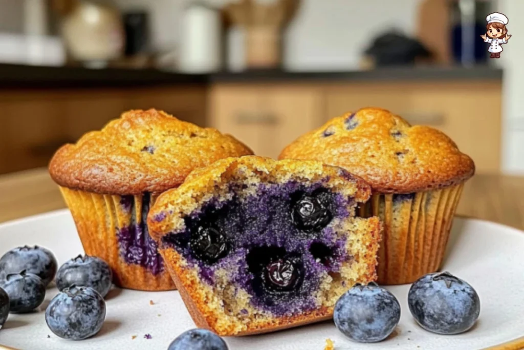 Freshly baked blueberry muffins with a golden brown top and plump blueberries