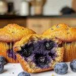 Freshly baked blueberry muffins with a golden brown top and plump blueberries