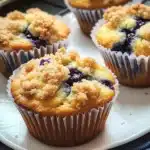 Blueberry muffins topped with streusel, freshly baked and golden brown.
