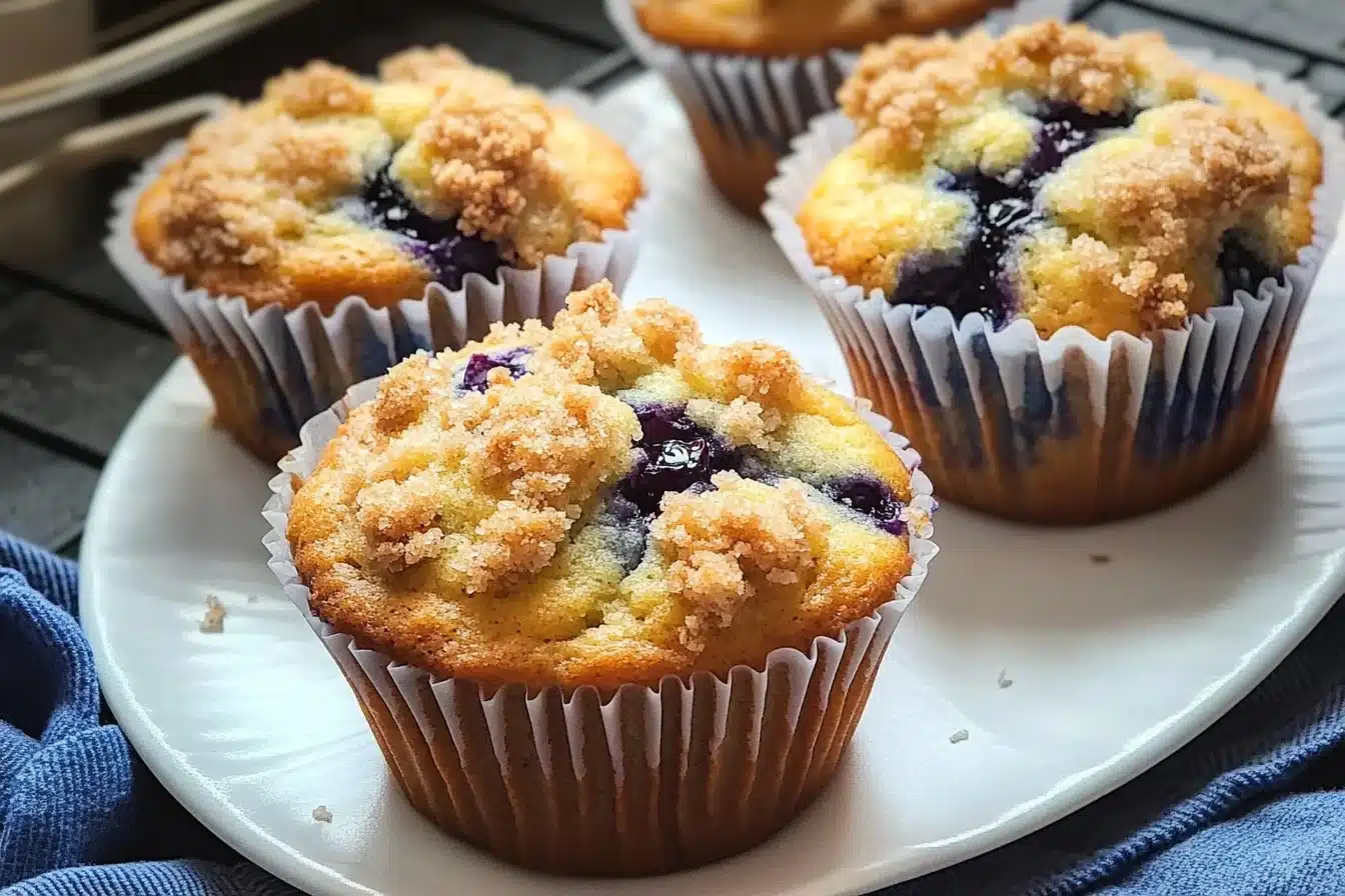 Blueberry muffins topped with streusel, freshly baked and golden brown.