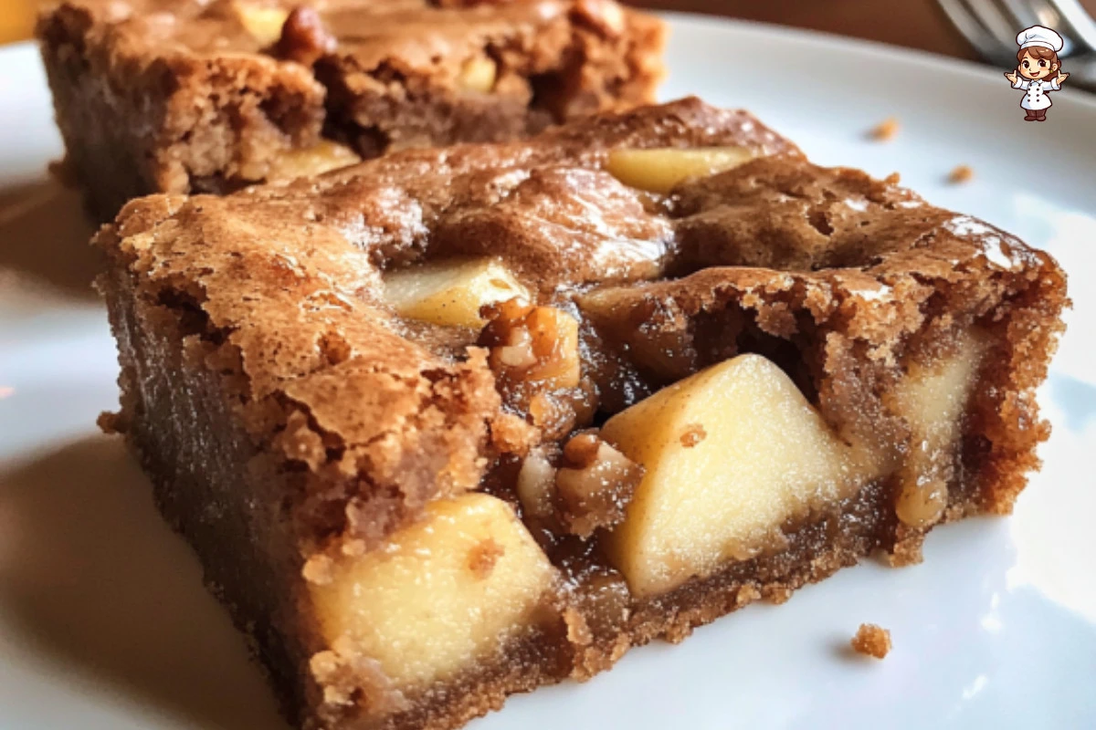 Delicious brown butter apple blondies with caramelized apples on a plate.