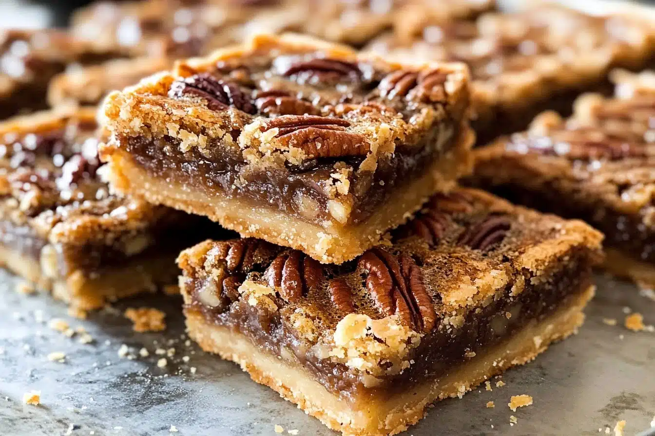Delicious Brown Butter Pecan Pie Bars topped with pecans and caramel drizzle.