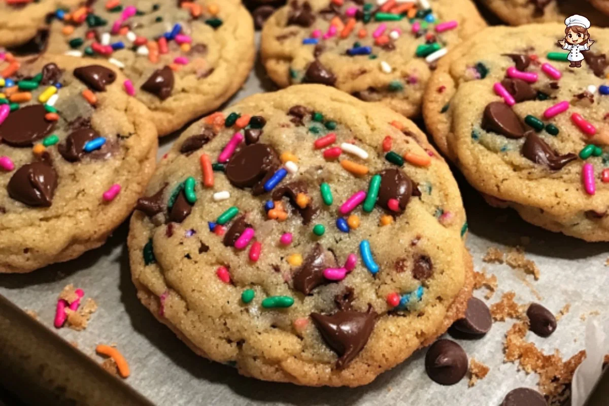 Delicious cake batter chocolate chip cookies on a plate