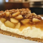 Caramel apple cheesecake pie topped with caramel drizzle and apple slices.